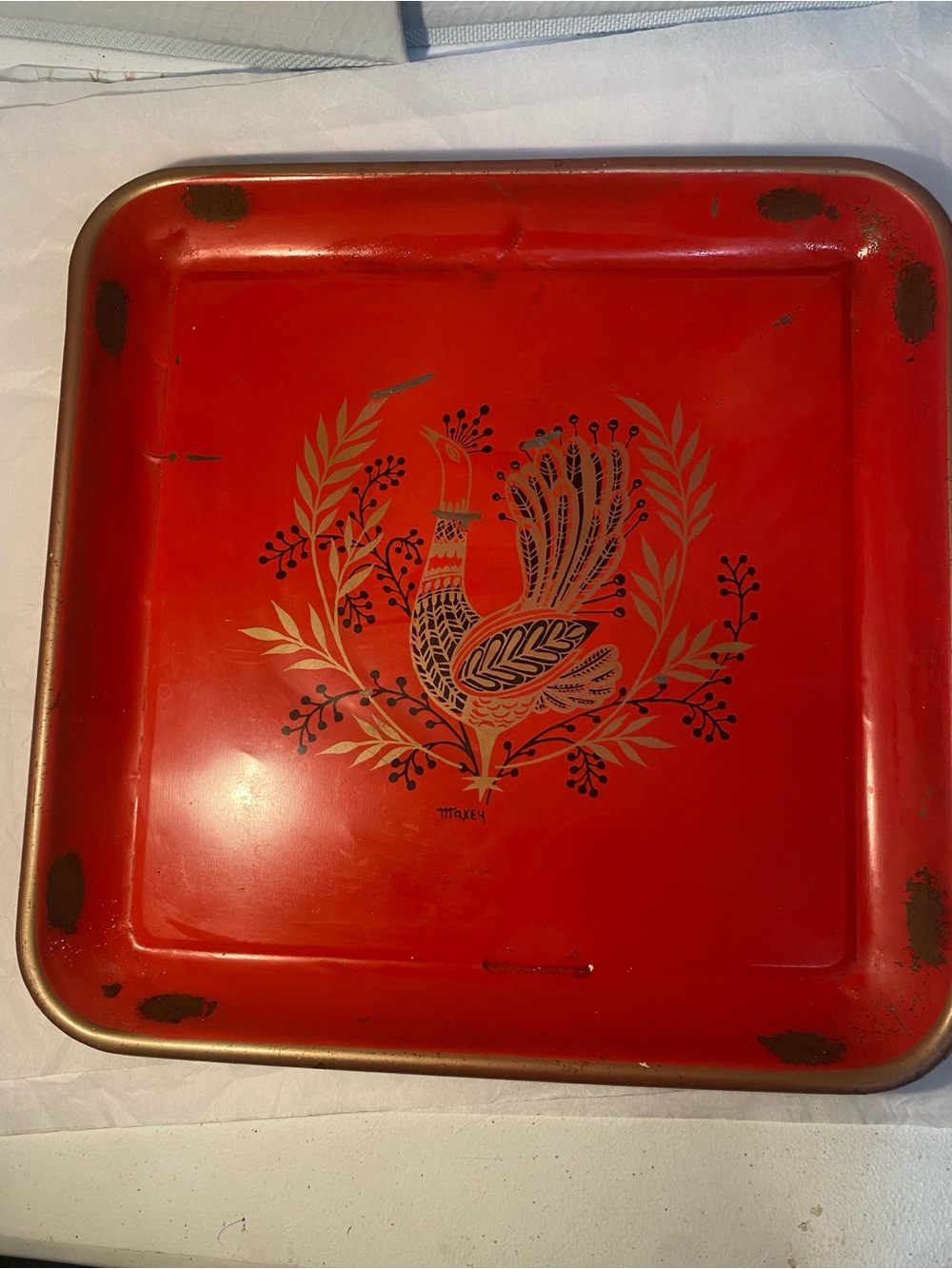 Vintage Metal Serving Tray with Peacock Motif